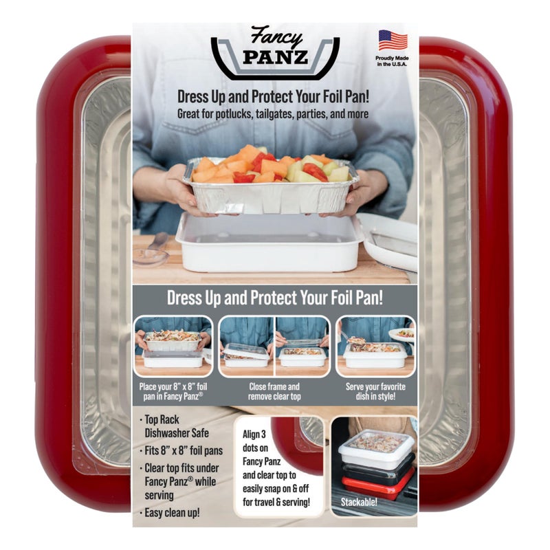 Fancy Panz - Red 8x8" Aluminum Foil Pan Carrier with Lid - Elevated Food Serving Tray - Portable & Insulated Casserole Carrier with Lid - Made in the USA Hosting Essentials - Image 1
